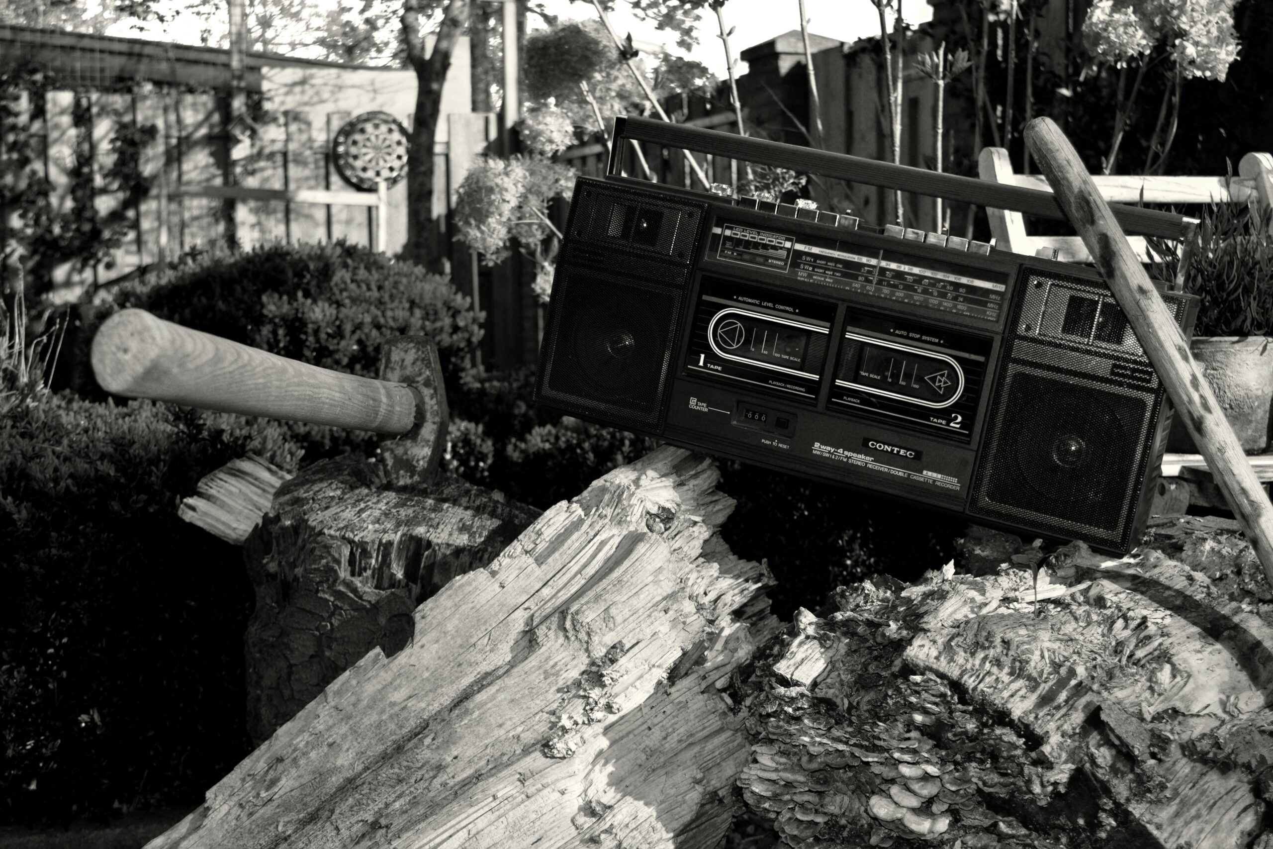 Graustufenfotografie Des Radios Auf Baumstamm Mit Axt